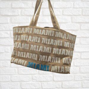 Beige “Miami” Tote Bag – White Text, Zipper Closure & Inner Pocket